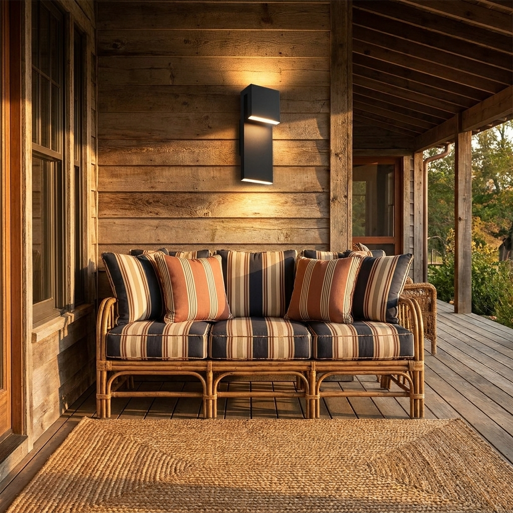 Honfleur black outdoor wall light lighting a covered porch with rattan seating