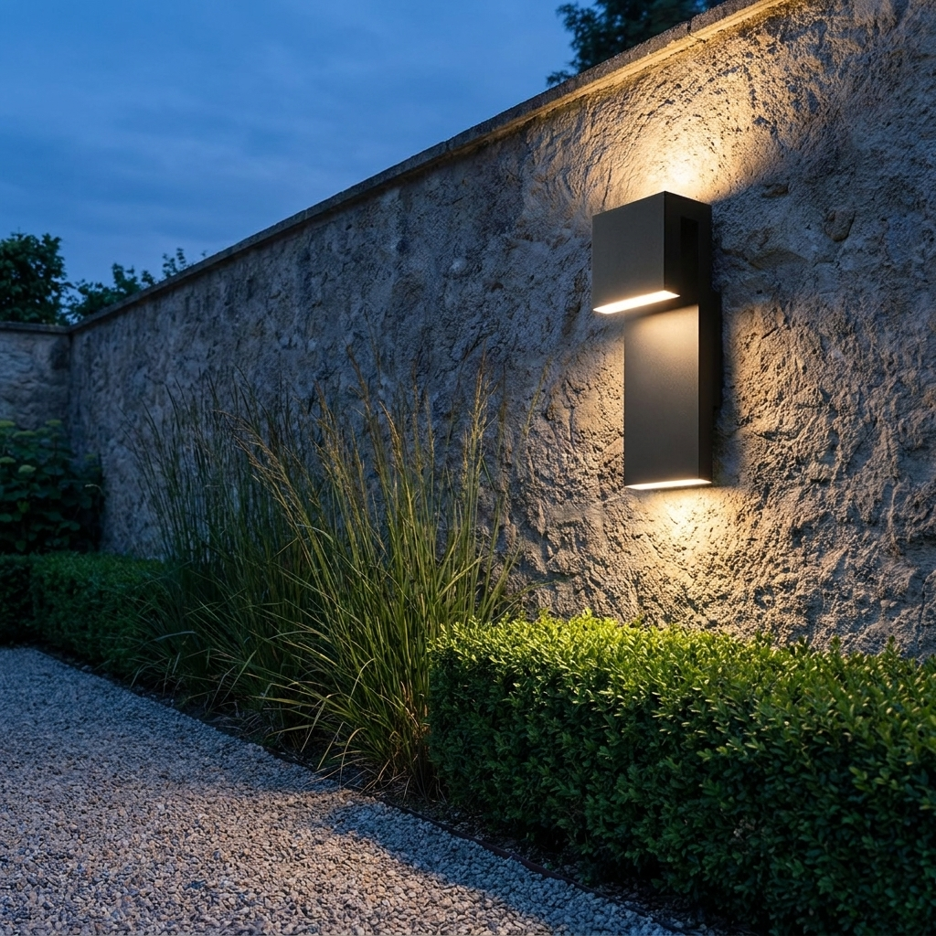 Honfleur black outdoor wall light on a garden boundary wall by a gravel path