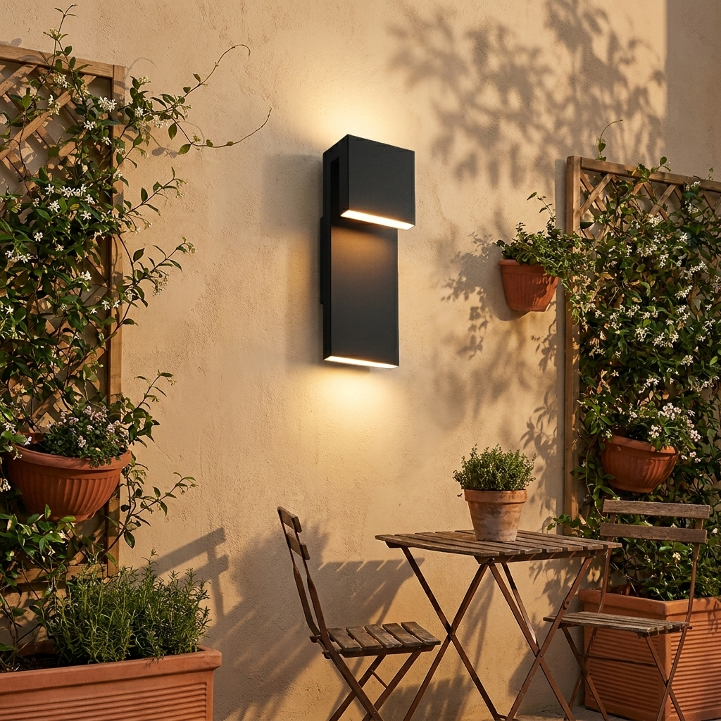 Honfleur black outdoor wall light in a courtyard with terracotta planters