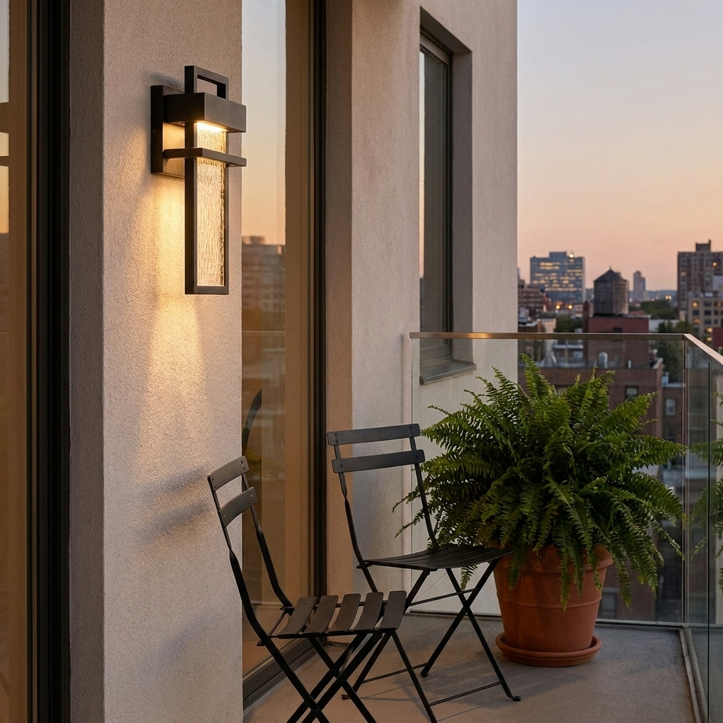 Valmont black LED outdoor wall light on a balcony wall with glass balustrade
