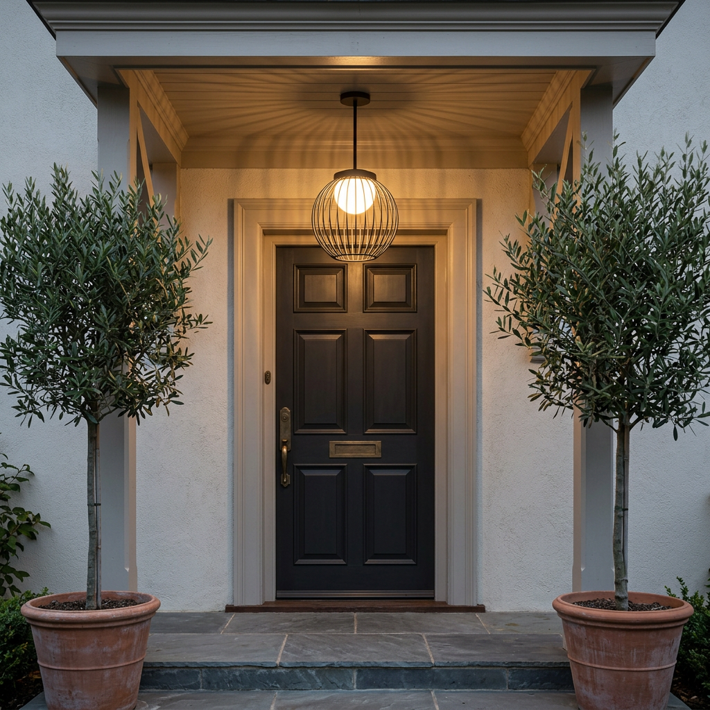 Girond modern outdoor pendant light hung under an entry canopy above a panelled front door