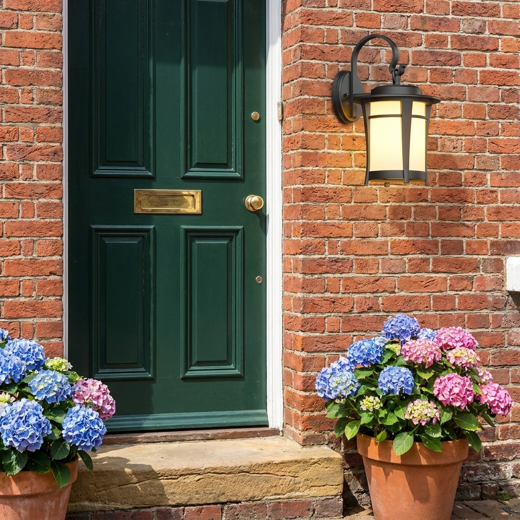 Ionna retro black outdoor wall sconce on a red brick facade beside a panelled front door