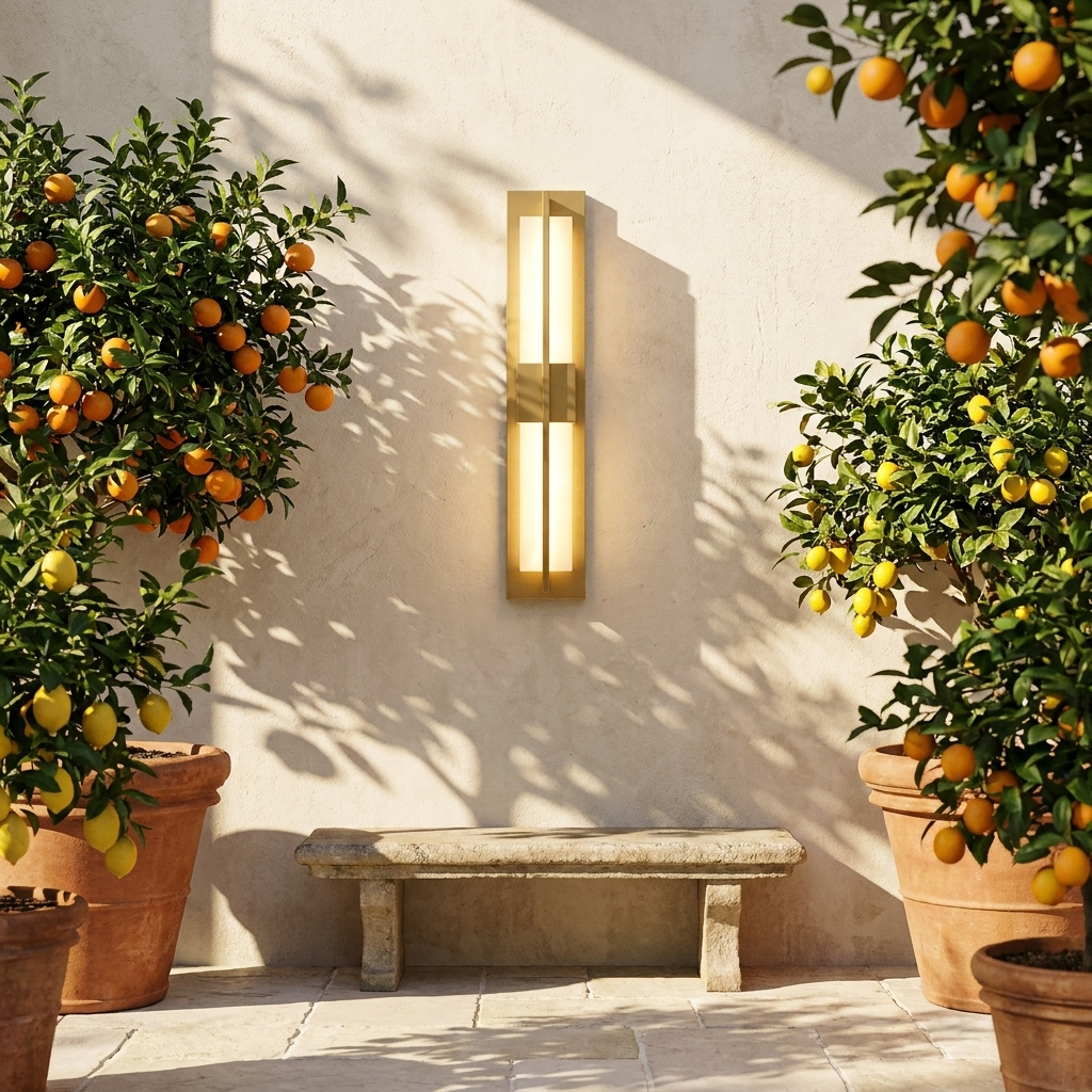 Anseau linear gold outdoor wall light in a courtyard with terracotta citrus planters