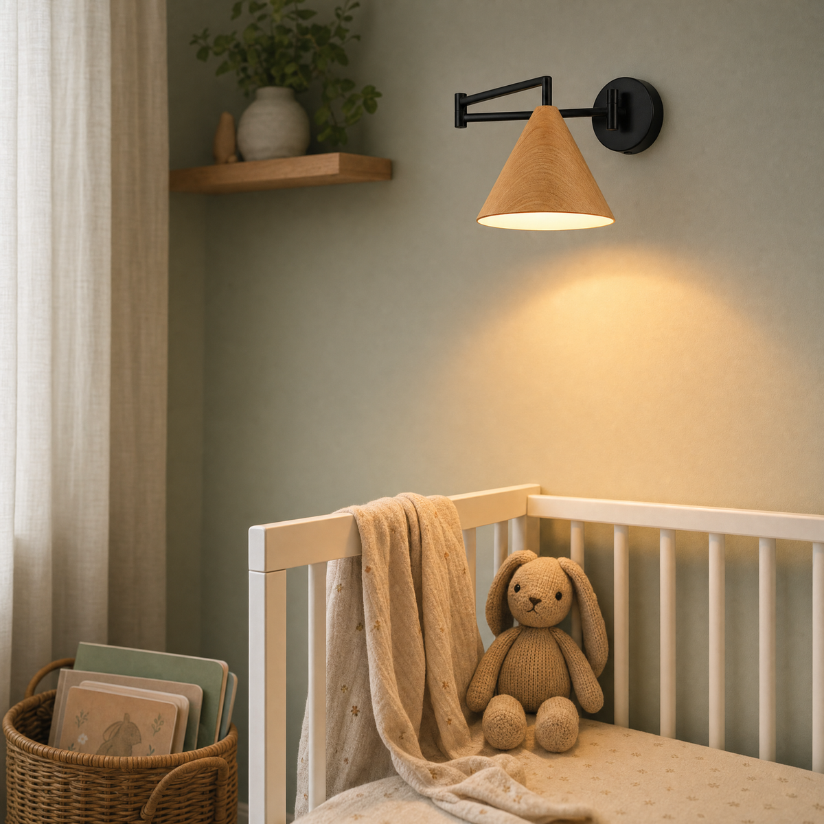 Soren Nordic Swing Arm Wall Sconce in Wood with warm light above a nursery crib