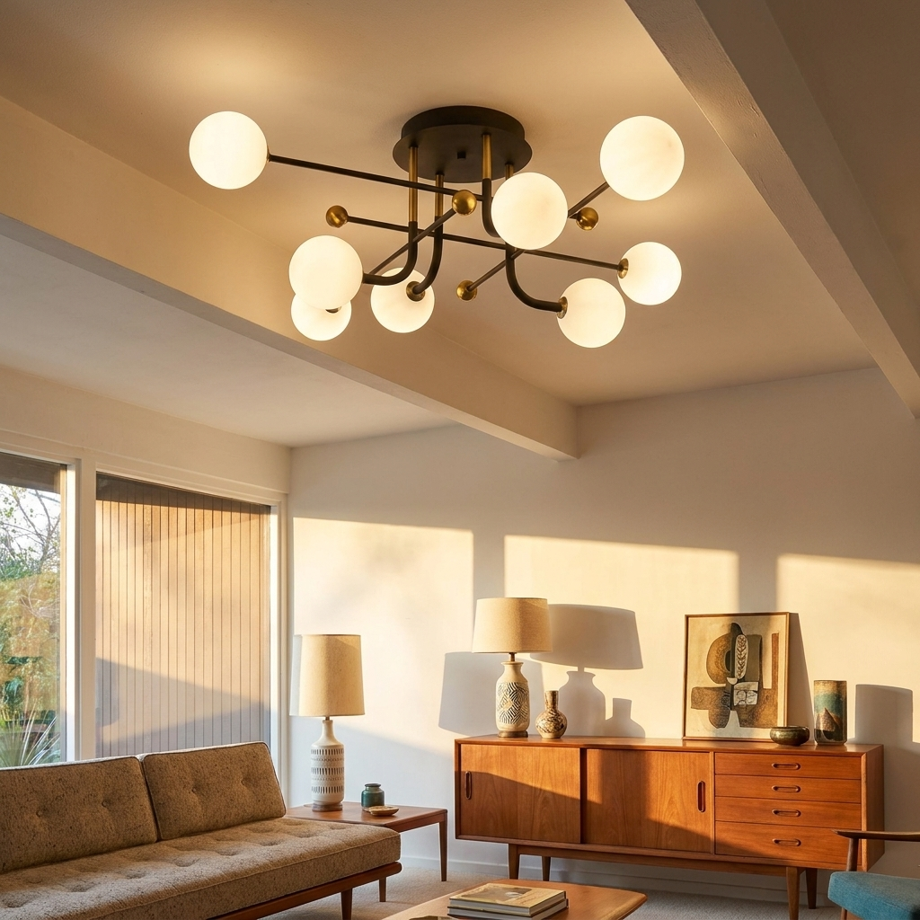 Vesta sputnik globe ceiling light in a mid century living room