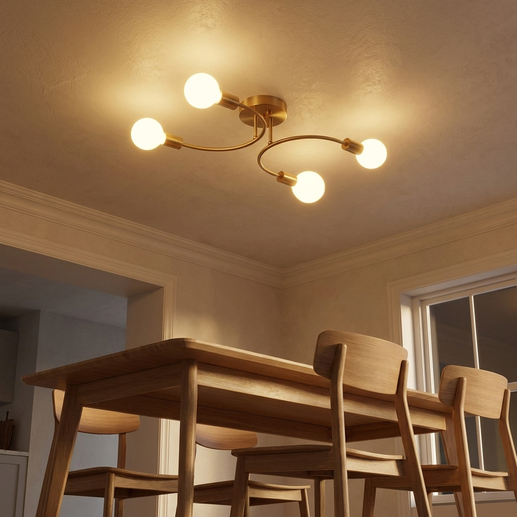 Calla curved arm flush mount ceiling light above a light wood dining table