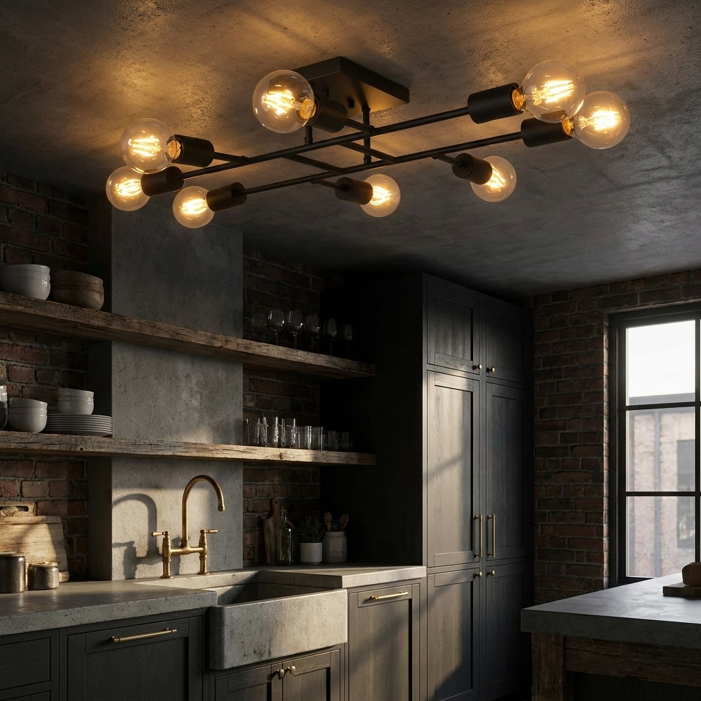 Marlon matte black sputnik ceiling light in a moody industrial kitchen