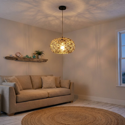 Nessa hand woven rope pendant light in a coastal living room corner