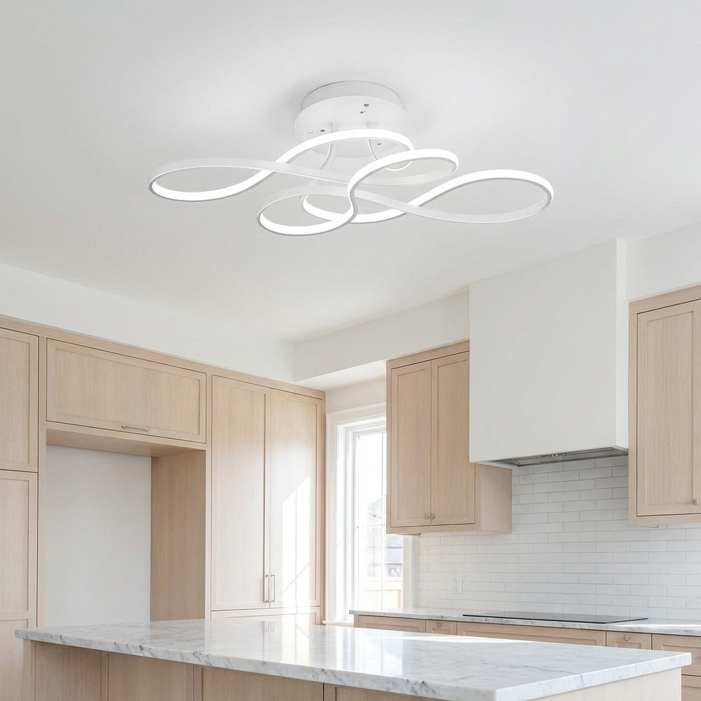 Lisse white curved ribbon ceiling light in a bright kitchen