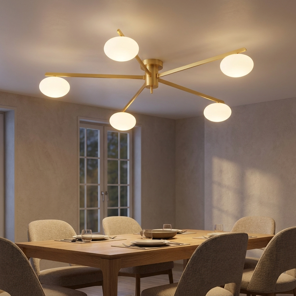 Oria gold oval glass ceiling light above a light wood dining table