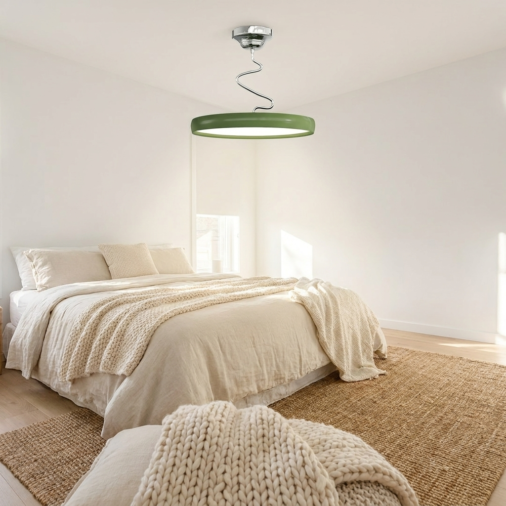Vireo sage green disc semi flush ceiling light in a bright bedroom