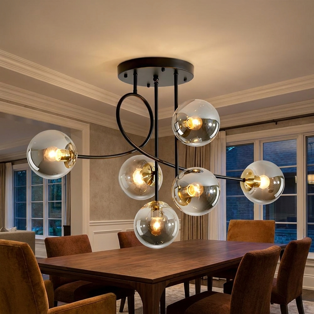 Lenore black chandelier with smoke grey globes above a walnut dining table