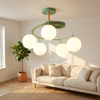 Verdon green spiral glass globe ceiling light in a retro Nordic living room