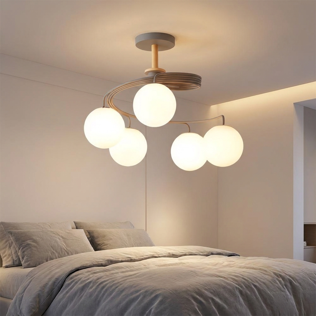 Verdon grey spiral glass globe ceiling light in a serene bedroom