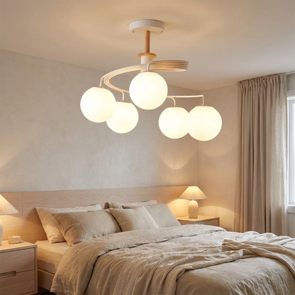 Verdon white spiral glass globe ceiling light in a calm bedroom