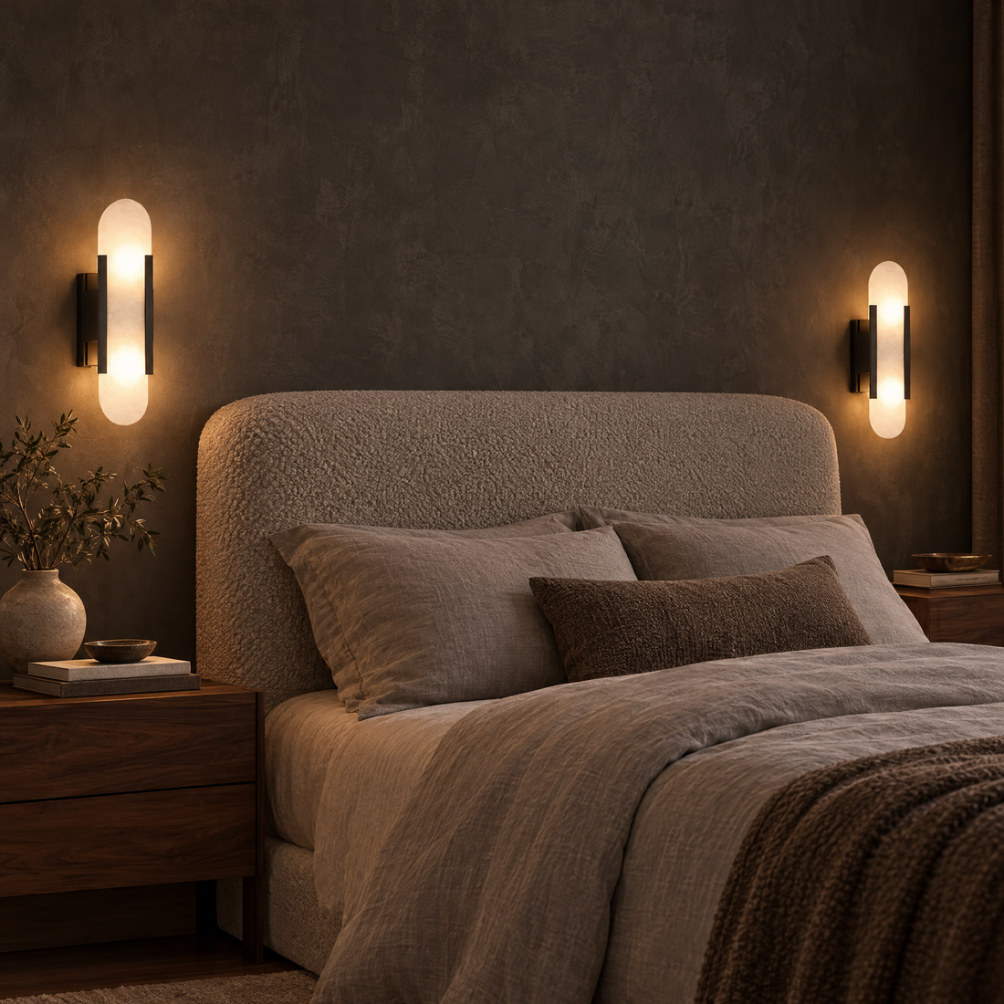 Alba Alabaster Wall Sconce in Black, a pair flanking a bed in a moody modern bedroom