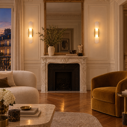 Alba Alabaster Wall Sconce in Brass, a pair flanking a marble fireplace in a Parisian living room