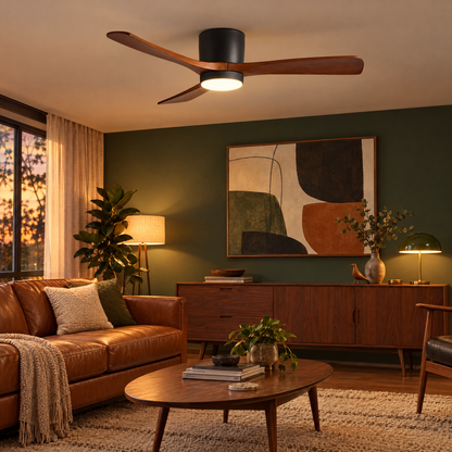 Aeris Wooden Ceiling Fan in Black and Walnut Wood in a mid-century living room