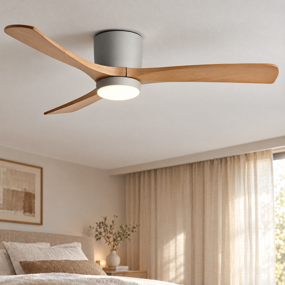 Aeris Wooden Ceiling Fan in Grey and Nature Wood, close-up on a white ceiling