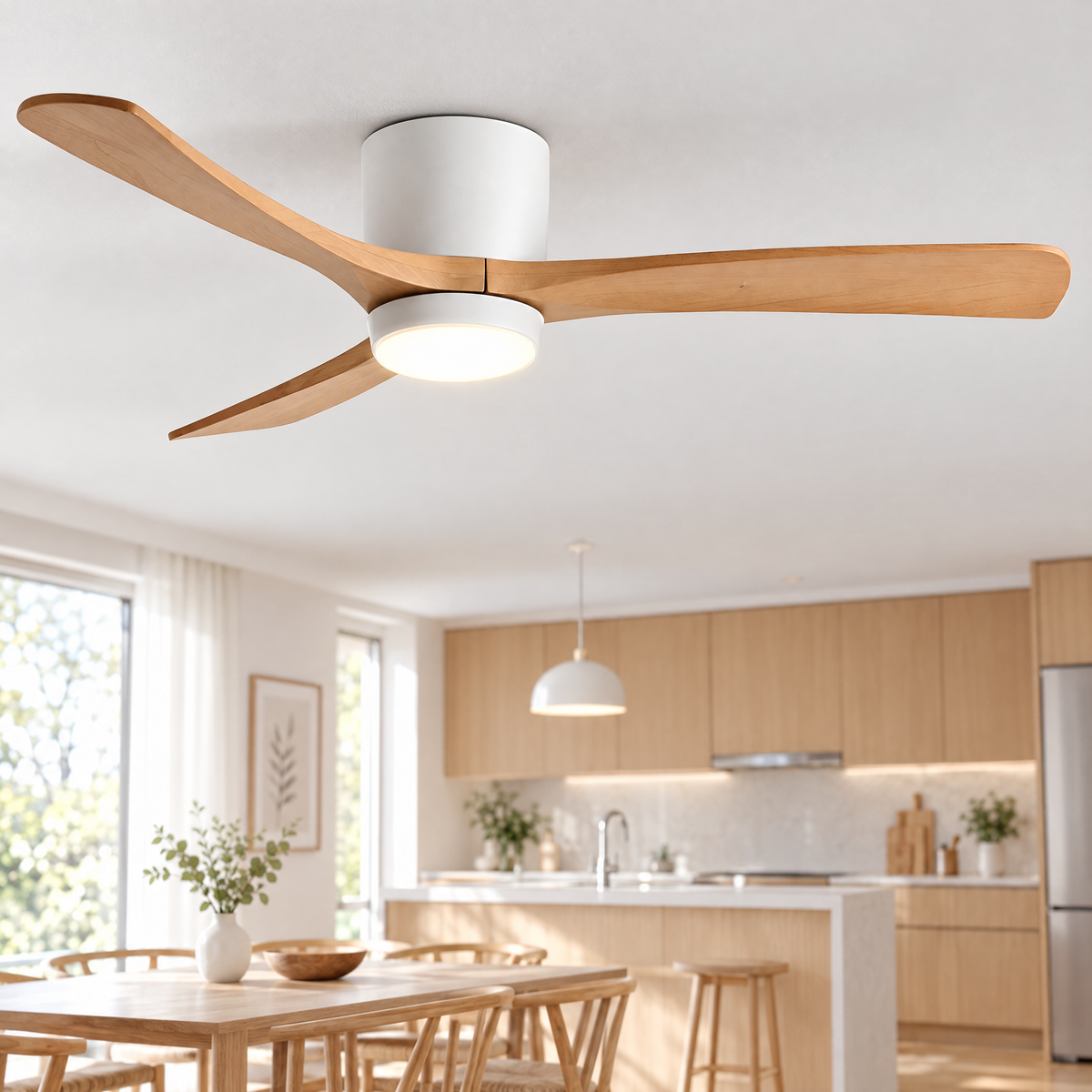Aeris Wooden Ceiling Fan in White and Nature Wood, close-up above a kitchen