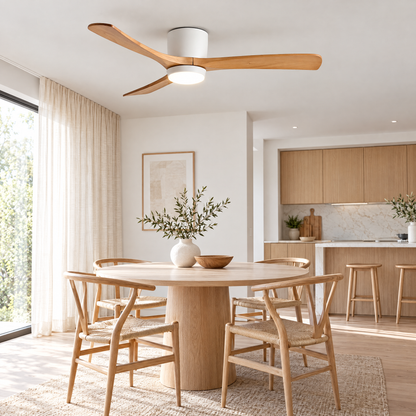 Aeris Wooden Ceiling Fan in White and Nature Wood above a Scandinavian dining area