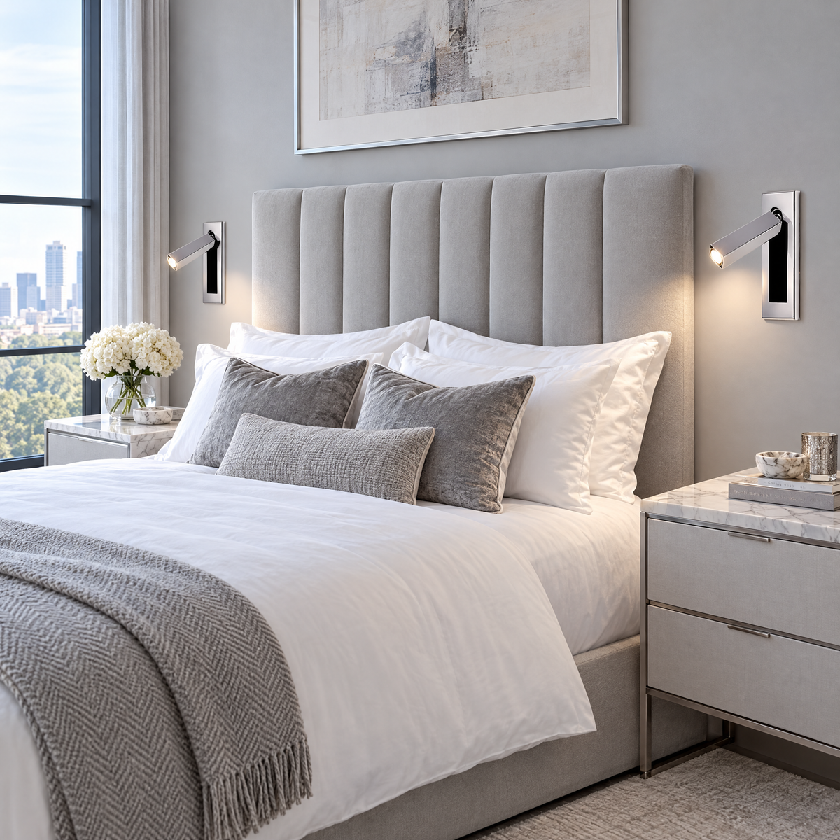 Pair of Lumo Recessed Bedside Reading Sconces in Chrome in a contemporary bedroom