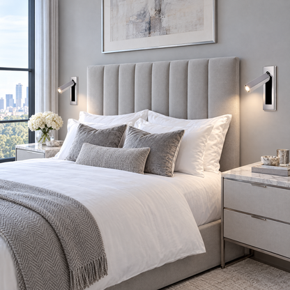 Pair of Lumo Recessed Bedside Reading Sconces in Chrome in a contemporary bedroom