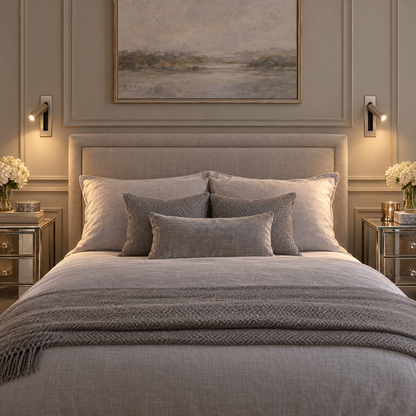 Pair of Lumo Recessed Bedside Reading Sconces in Nickel in a transitional bedroom