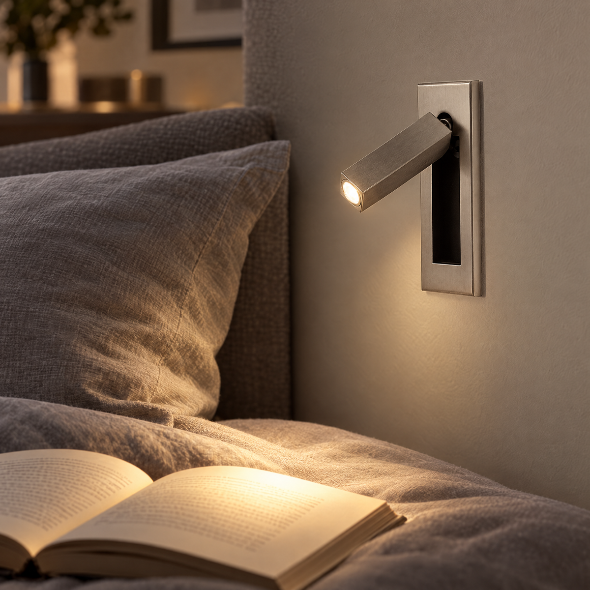 Lumo Recessed Bedside Reading Sconce in Nickel, close-up beside a bed