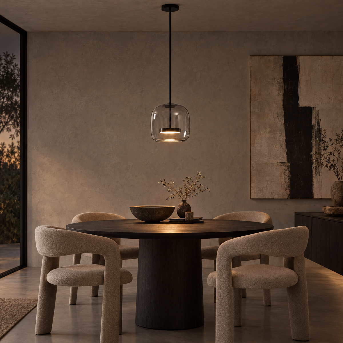 Orbe Hand Blown Glass Pendant Light in Black and Smoke Grey above a round dining table
