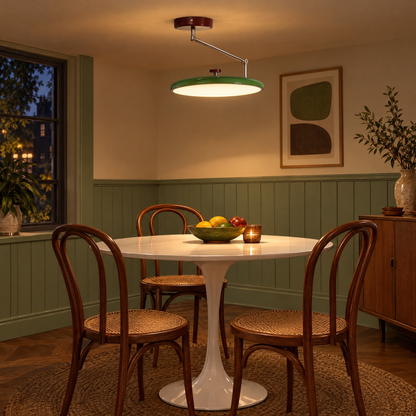 Solace Adjustable Swing Arm Ceiling Light in Green above a retro dining nook