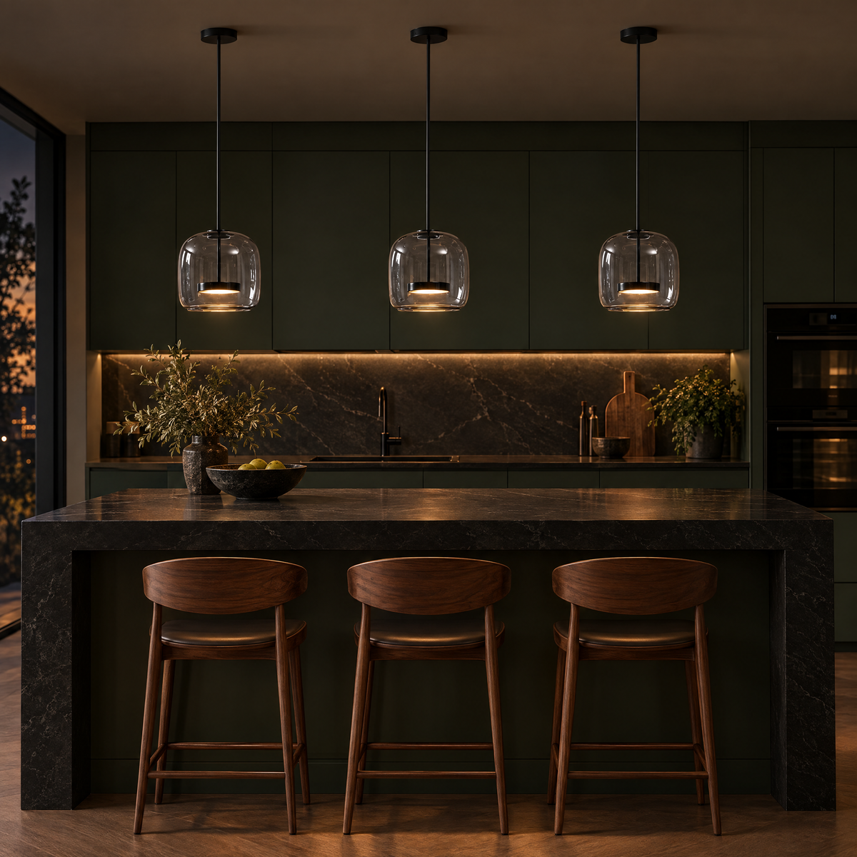 Three Orbe Hand Blown Glass Pendant Lights in Black and Smoke Grey over a kitchen island