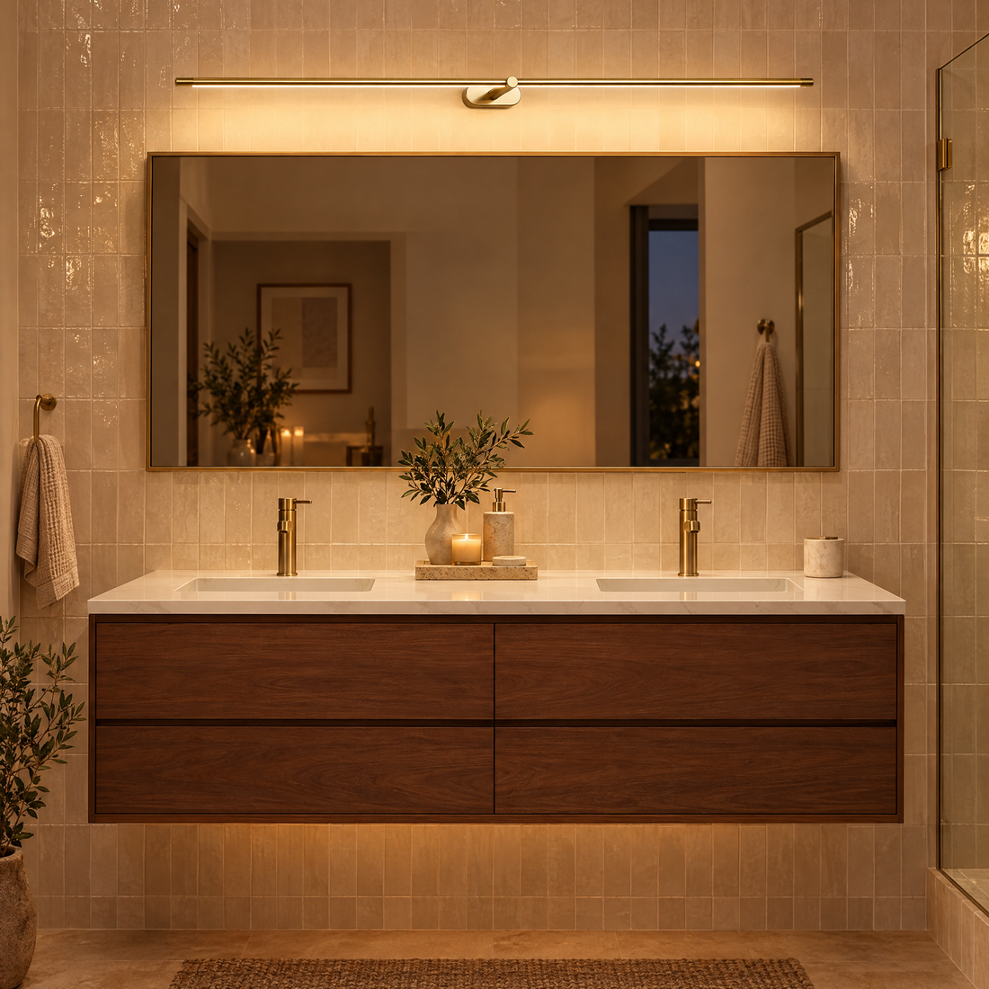 Strata Linear LED Vanity Wall Light in Gold above a walnut double vanity
