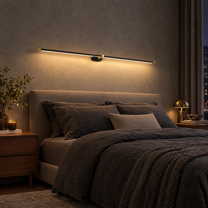 Strata Linear LED Wall Light in Black and Gold above a bed