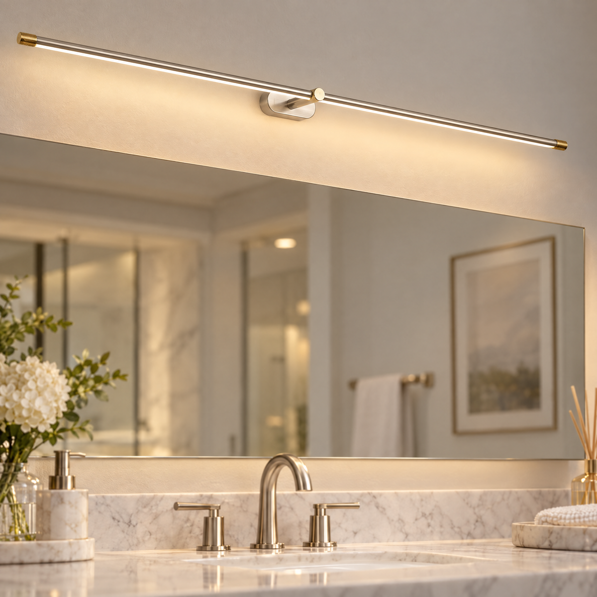 Strata Linear LED Vanity Wall Light in Brushed Nickel and Gold, close-up above a mirror