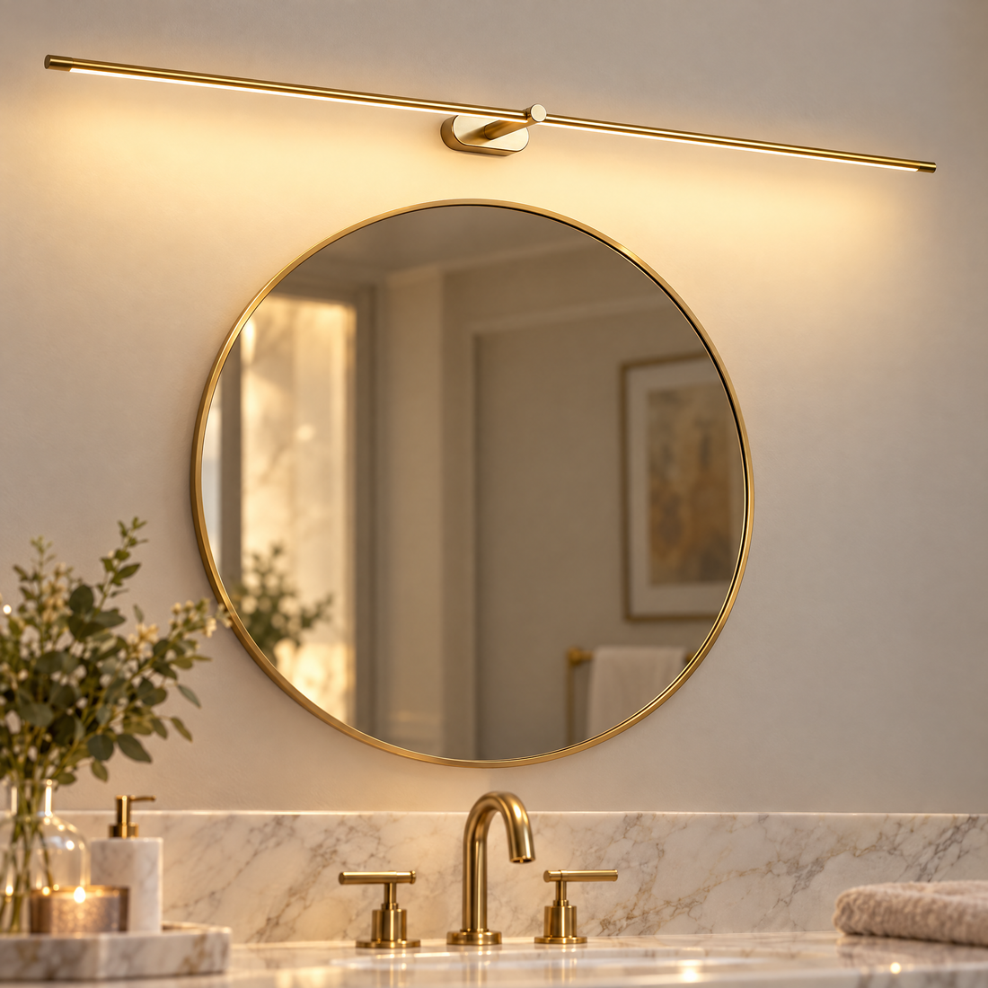 Strata Linear LED Vanity Wall Light in Gold, close-up above a mirror