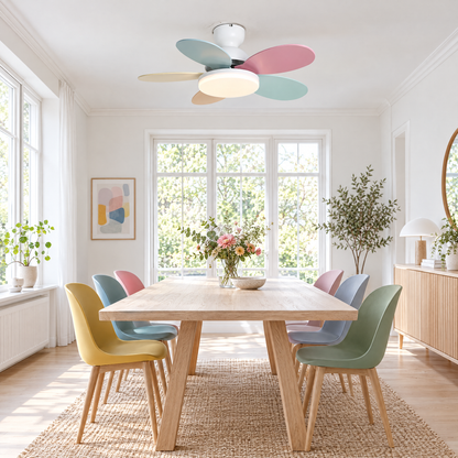 Petalo Petal Blade Ceiling Fan Light in White and Colourful above a Scandinavian dining room