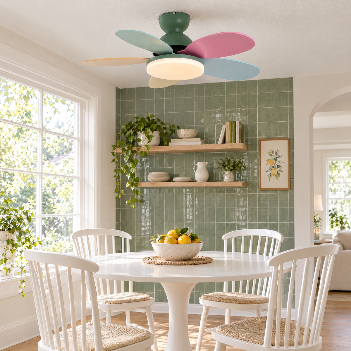Petalo Petal Blade Ceiling Fan Light in Green and Colourful above a breakfast nook