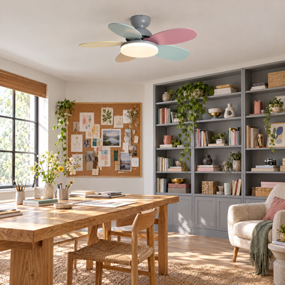 Petalo Petal Blade Ceiling Fan Light in Grey and Colourful in a home studio