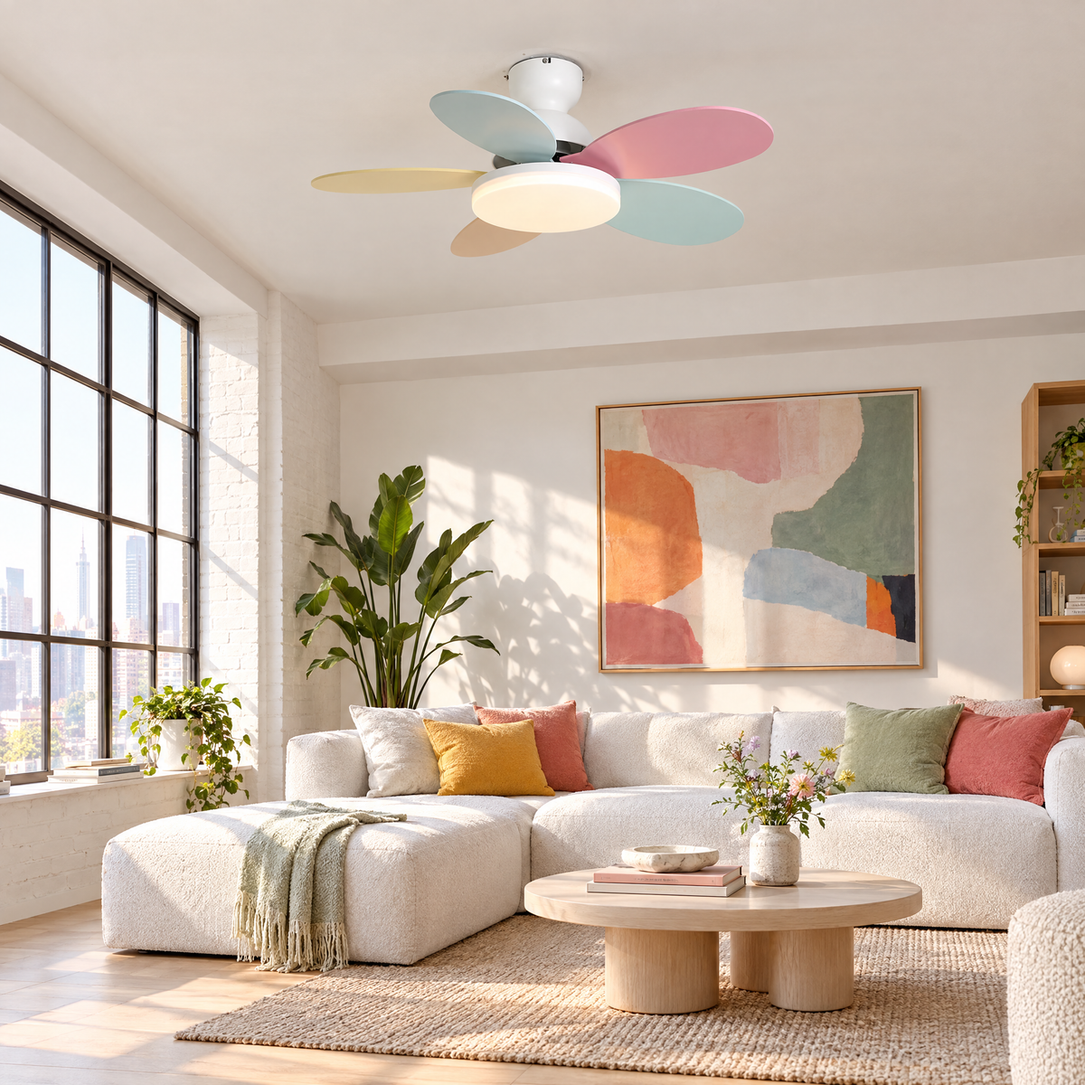 Petalo Petal Blade Ceiling Fan Light in White and Colourful in a loft living room