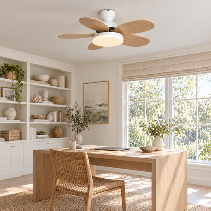 Petalo Petal Blade Ceiling Fan Light in White and Wood Grain in a home office