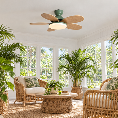 Petalo Petal Blade Ceiling Fan Light in Green and Wood Grain in a sunroom
