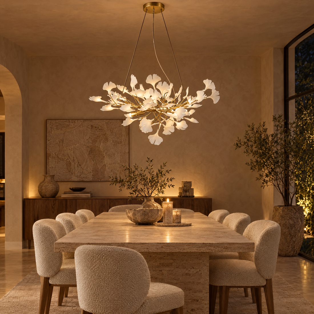 Horizon Ceramic Ginkgo Leaf Chandelier in Gold above a travertine dining table