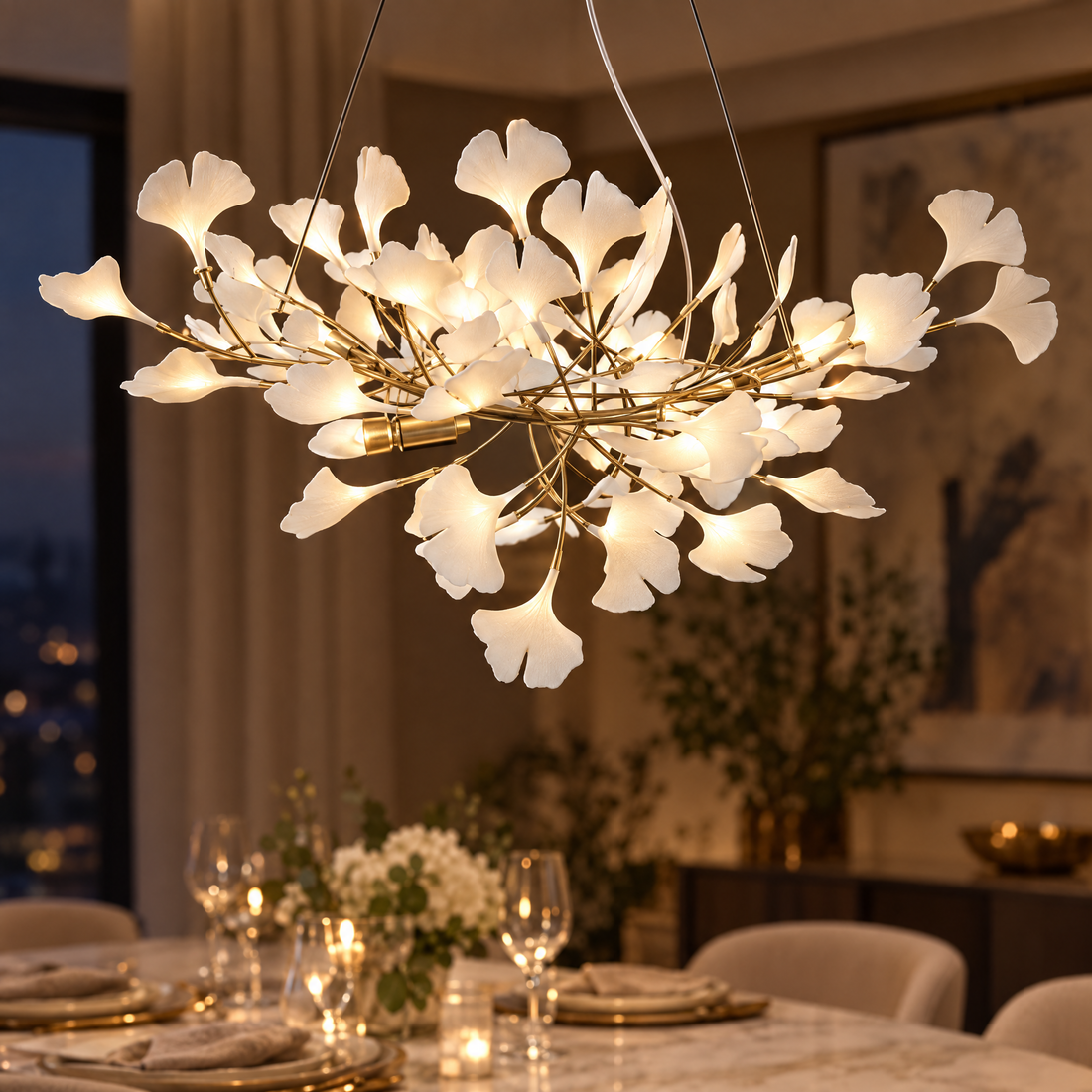 Horizon Ceramic Ginkgo Leaf Chandelier in Gold, close-up above a dining table