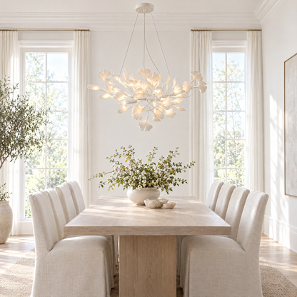 Horizon Ceramic Ginkgo Leaf Chandelier in White above a white oak dining table