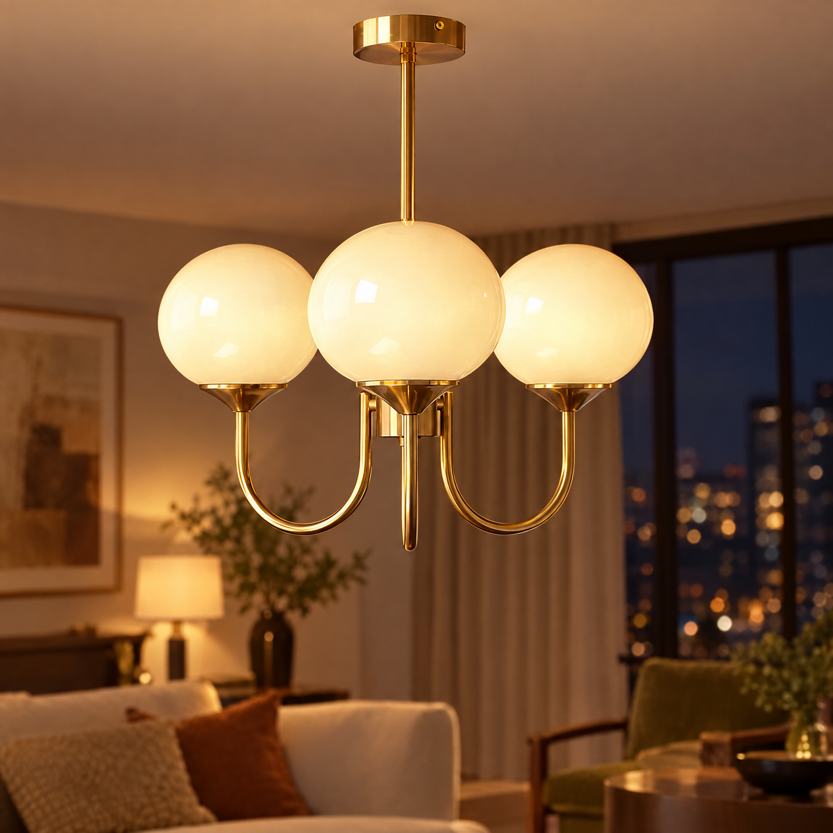 Mallow Glass Shade Chandelier in Copper and Cream, close-up