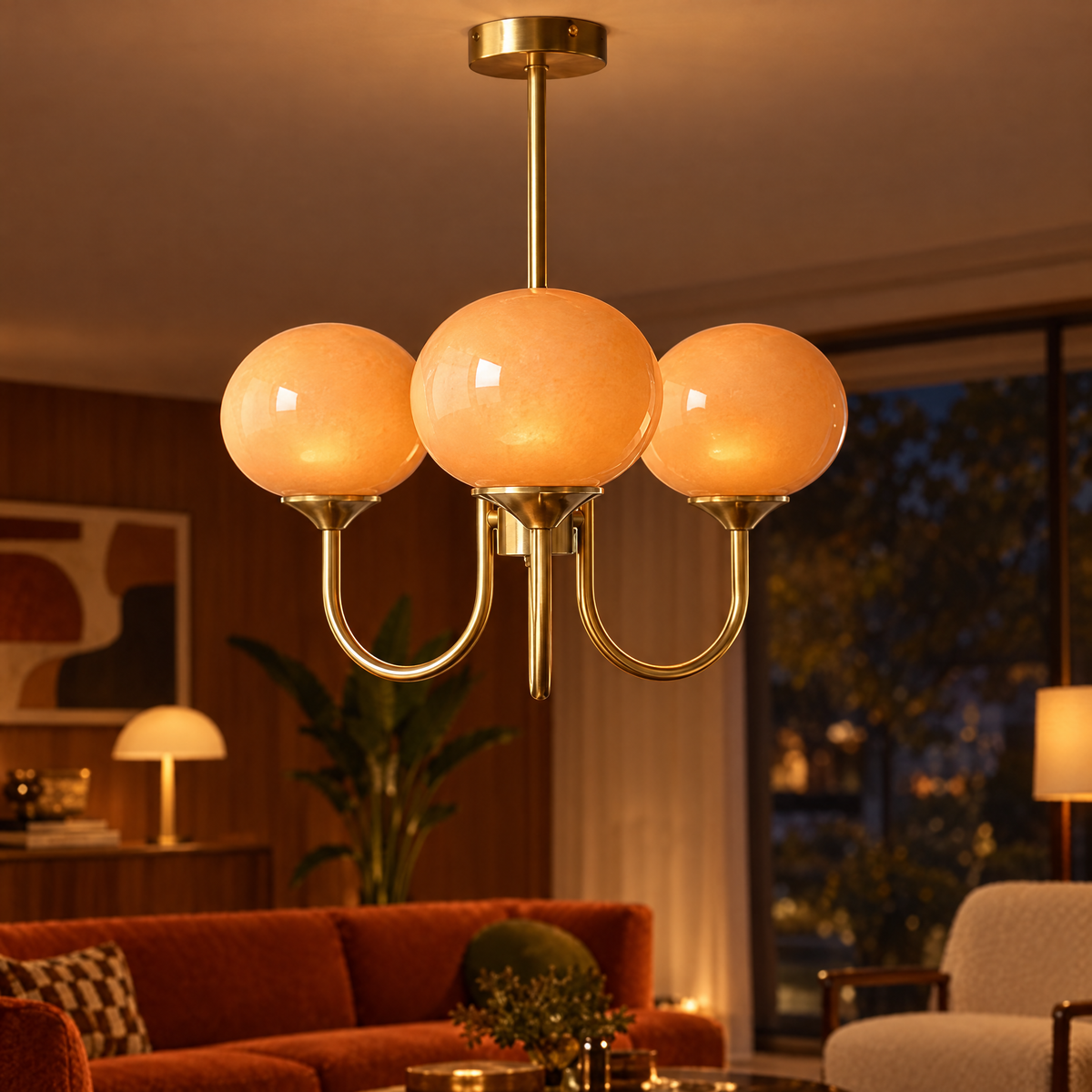 Mallow Glass Shade Chandelier in Copper and Orange, close-up