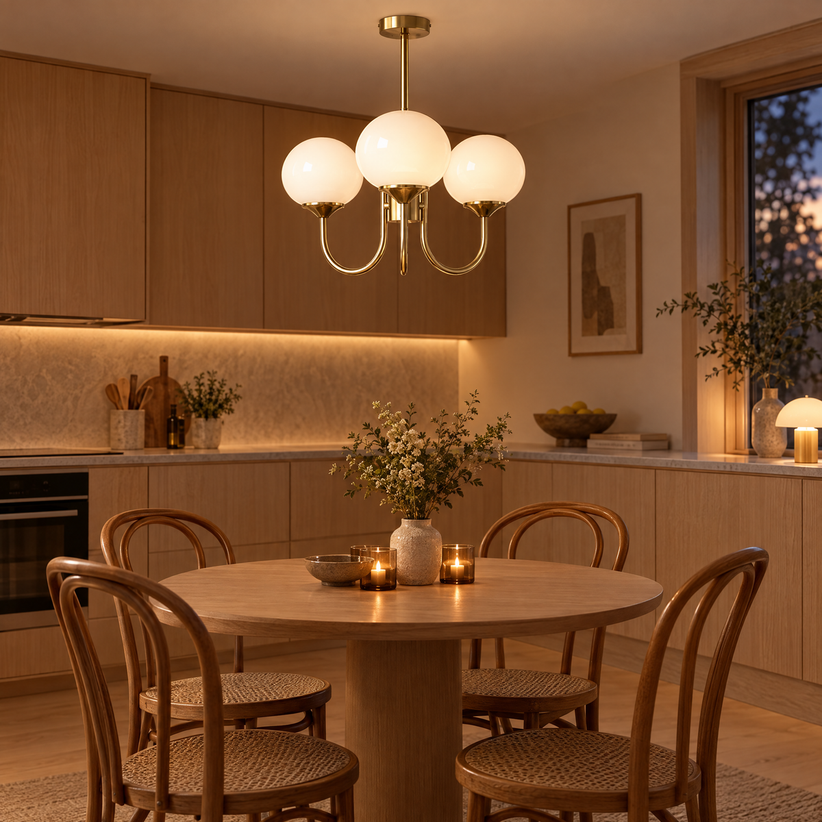 Mallow Glass Shade Chandelier in Copper and White above a Scandinavian dining table