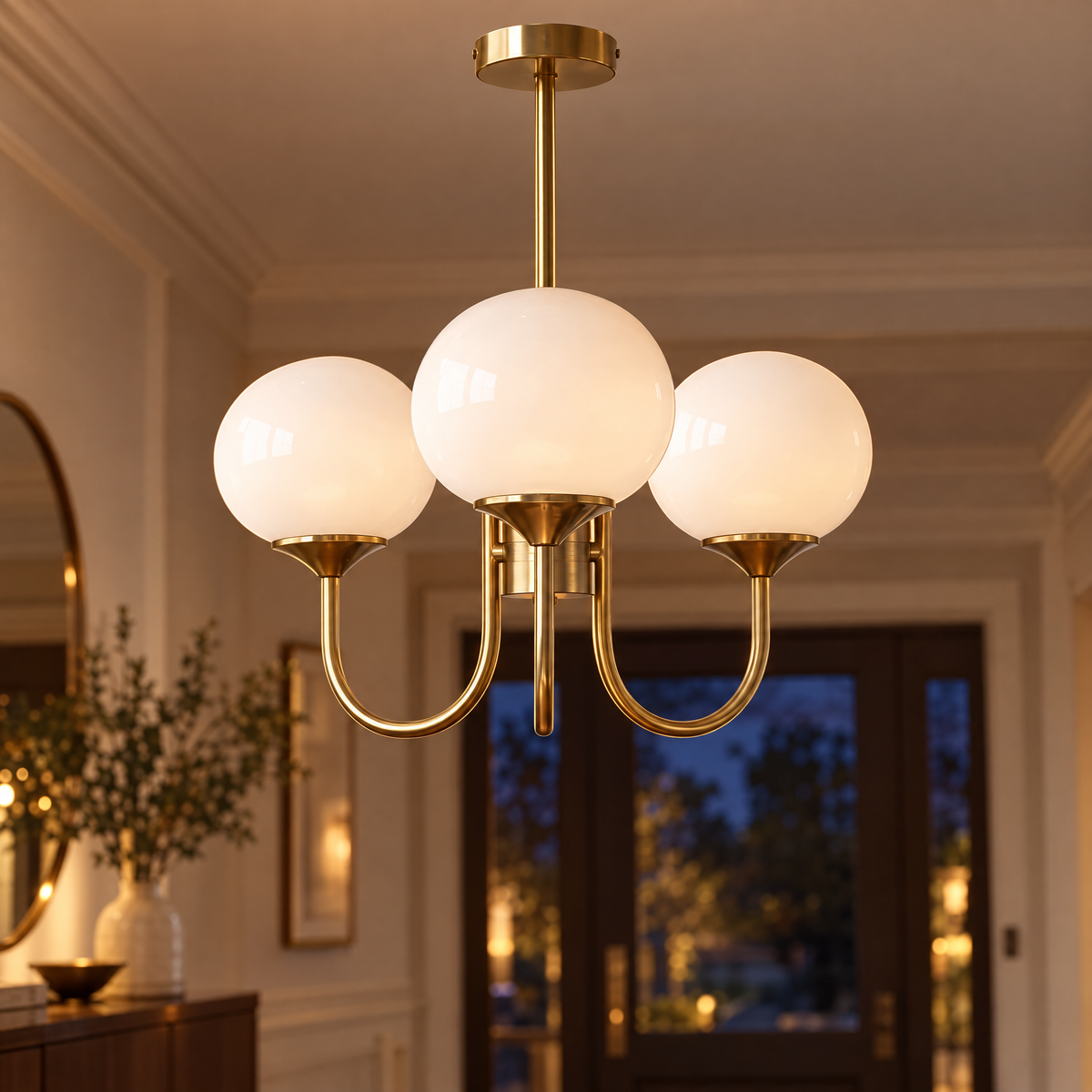 Mallow Glass Shade Chandelier in Copper and White, close-up