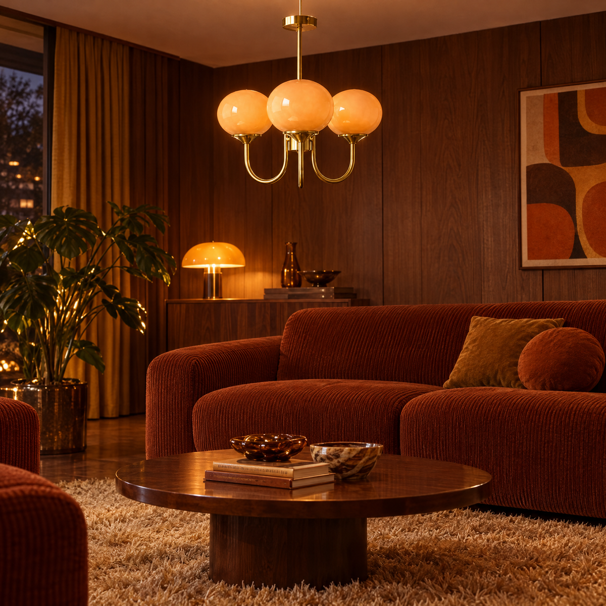 Mallow Glass Shade Chandelier in Copper and Orange in a 1970s living room
